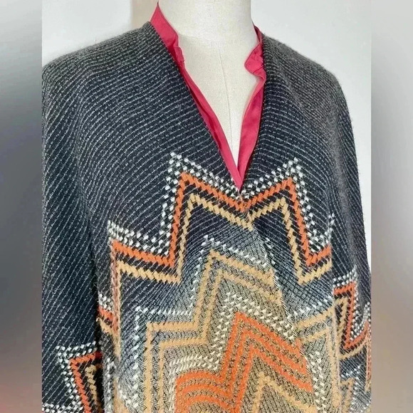 Vintage | Knit Wool/Cashmere Poncho Wrap | Navy / Stone / Orange | Tassels - Picture 2 of 4